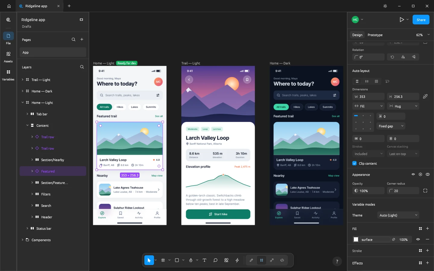 FigCraft showing the Ridgeline auto layout screens in light and dark themes